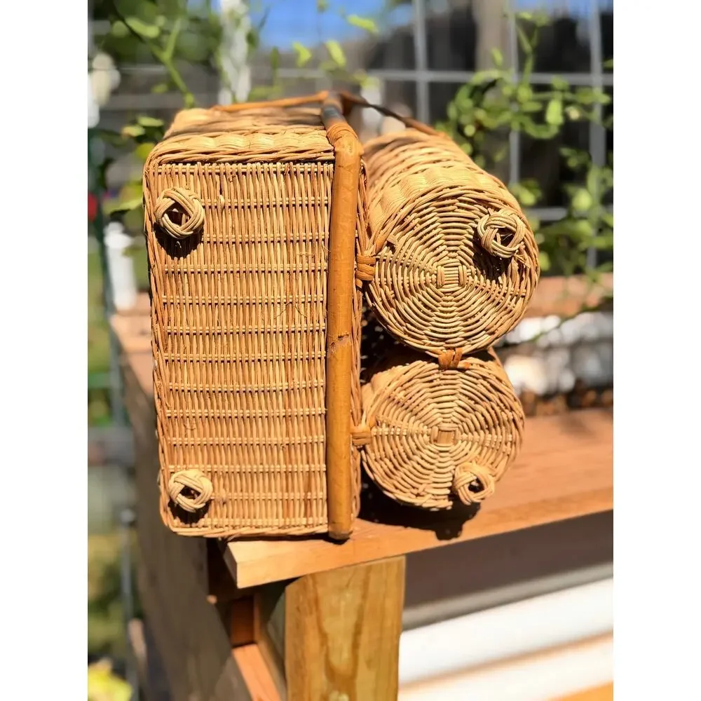 Vintage Wicker Wine Picnic Basket Caddy | Dual Bottle Holder & Lidded Storage